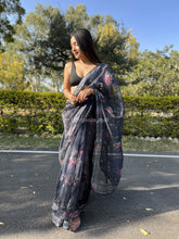 Grey Printed Lace Charcoal Grey Organza Saree